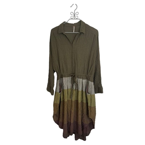 Free People Green Multi Colored Striped Pockets Drawstring Hi Lo Tunic Dress - M - Picture 2 of 6